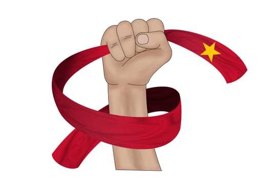 3D illustration. Hand holding flag of Vietnam on a fabric ribbon background.