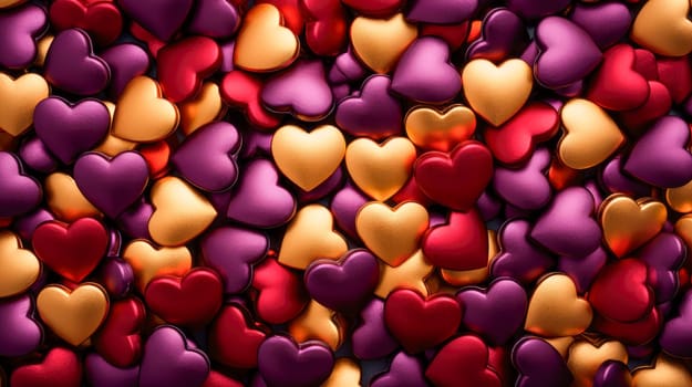 Many red, purple and golden hearts. Hearts background. Valentine greeting card. AI generated