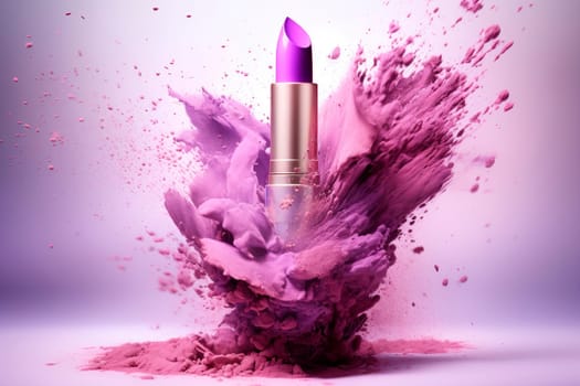 Purple color lipstick with powder explosion. Purple lipstick with powerful explosion of purple dust. AI generated