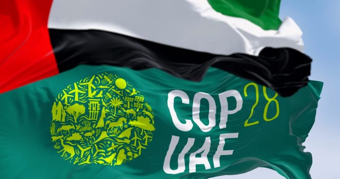 Dubai, UAE, Nov. 30 2023: Close-up of COP28 and UAE flags waving on a clear day. 3d illustration render. Selective focus. Rippling fabric
