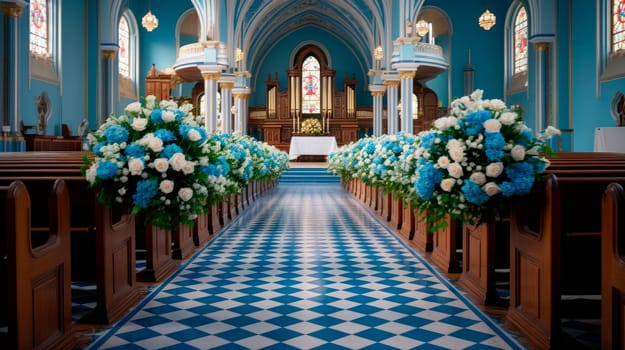 Empty church decorated with flowers for a wedding ceremony. Flower decoration for a church wedding. AI generated
