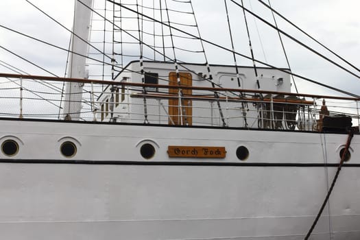 Stralsund, Germany – July 30, 2017 - Gorch Fock I  is a German three-mast barque, the first of a series built as school ships for the German Reichsmarine in 1933.