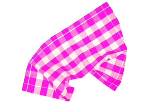 Closeup of a pink and white checkered napkin or tablecloth texture isolated on white background. Clipping path. Kitchen accessories. Top view.