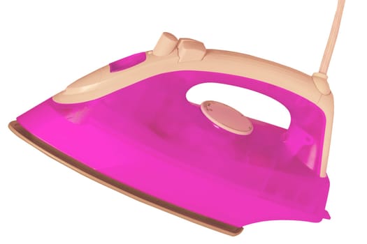 Closeup of a modern pink or violet electric steam iron for ironing household laundry. Clipping path. Macro photograph.