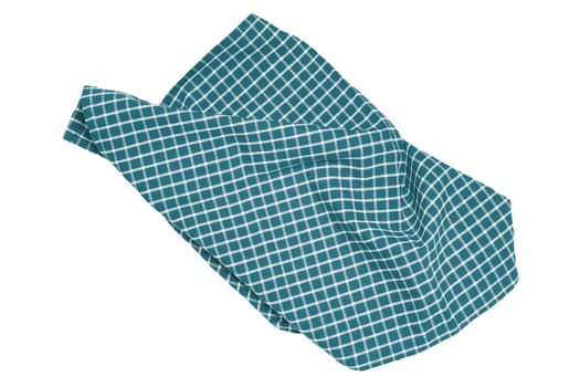 Closeup of a turquoise and white checkered napkin or tablecloth texture isolated on white background. Clipping path. Kitchen accessories. Top view.