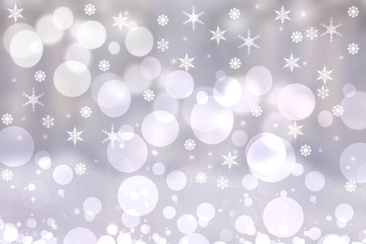Abstract festive gradient light gray silver bokeh background texture with white bokeh lights and stars. Beautiful backdrop with space for christmas, invitation or other holidays.