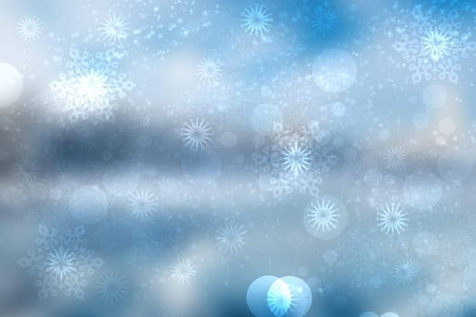 Abstract blurred festive light blue winter christmas or Happy New Year background with shiny blue and white bokeh lighted snowflakes and stars. Space for your design. Card concept.