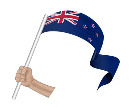3D illustration. Hand holding flag of New Zealand on a fabric ribbon background.