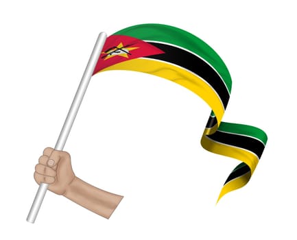 3D illustration. Hand holding flag of Mozambique on a fabric ribbon background.