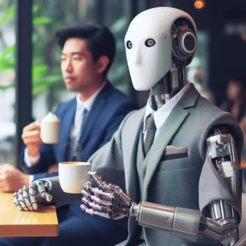 humanoid android robot sitting in a cafe drinking coffee generative ai