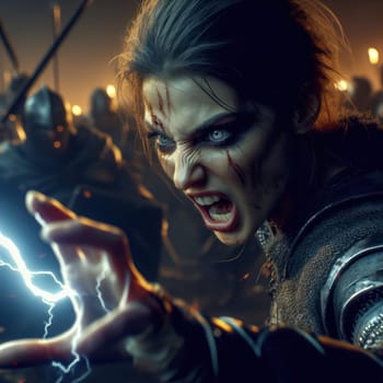 angry wizard casting a lightning spell in the middle of battle generativ ai