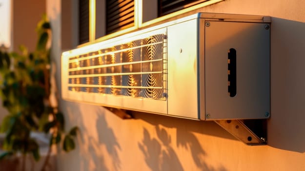 Air conditioning equipment on the wall of a building on a sunny day. AI generated