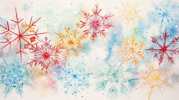 Watercolor painted winter colorful snowflakes abstract background. Generative AI design