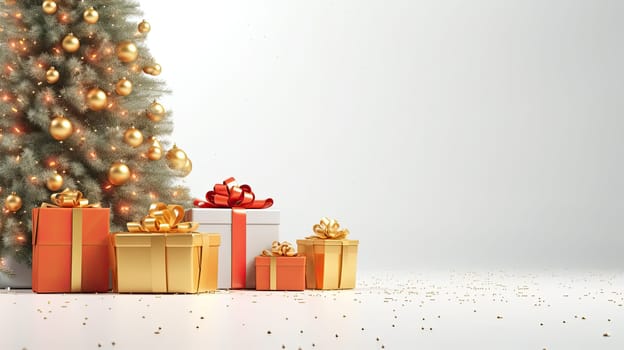 New Year and Christmas background with gift boxes and firtree. Generative AI design
