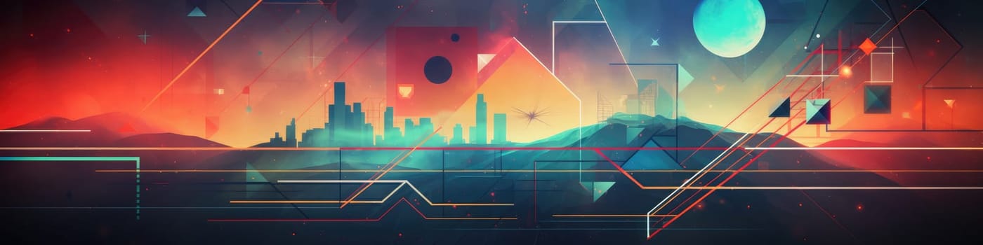 Retro geometry abstract tech background. Generative AI banner design