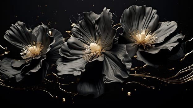 Black liquid flowers abstract minimal background. Generative AI design