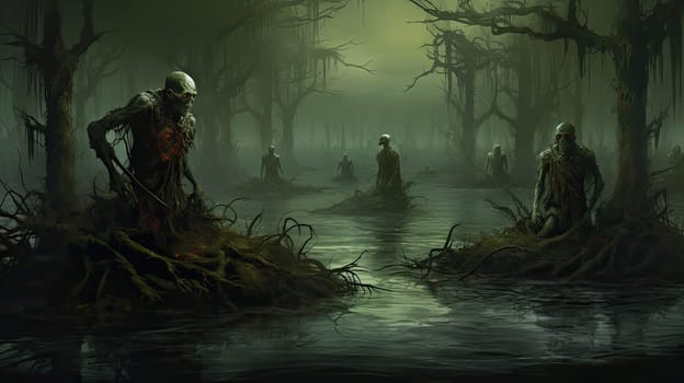 Mystical swamp in ominous fog and zombies. Fantasy background. Generative AI design