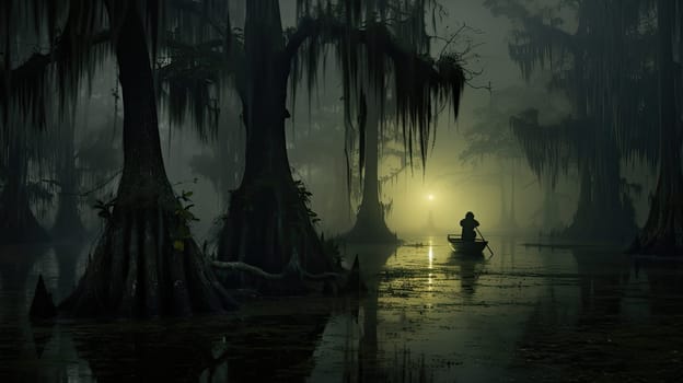 Mystical swamp in an ominous fog. Fantasy background. Generative AI design