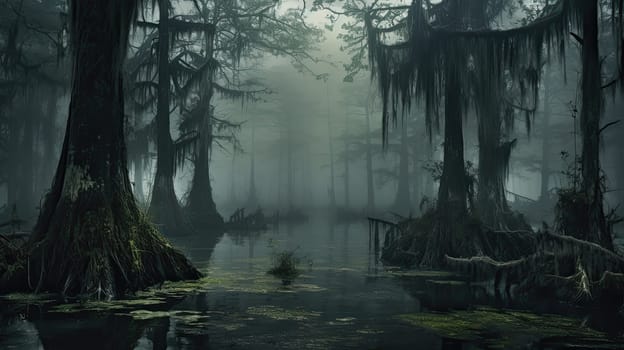 Mystical swamp in an ominous fog. Fantasy background. Generative AI design