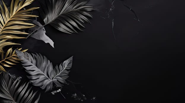 Golden and black leaves abstract background. Generative AI design