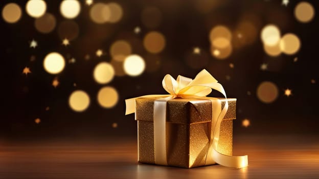 Golden gift box and garland on a blurry bokeh background. Generative AI design