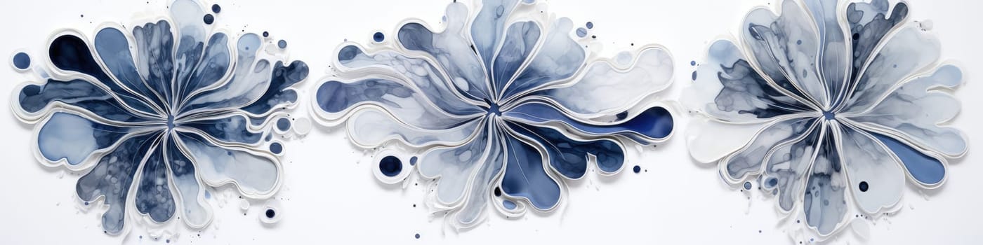Blue liquid marbled winter snowflakes abstract background. Generative AI design