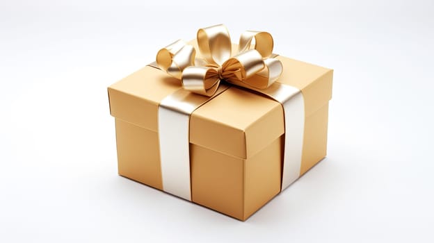 Golden gift box with bow on white background. Generative AI design