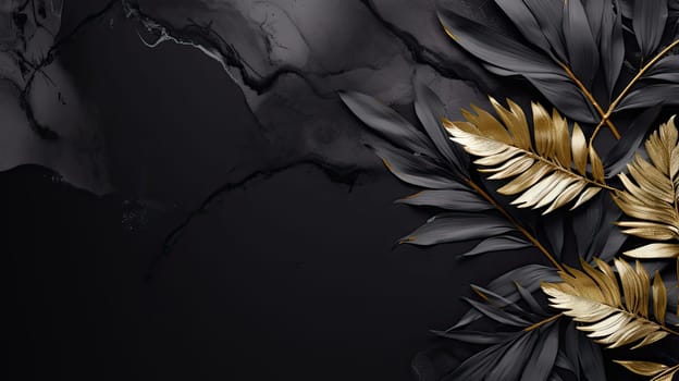 Golden leaves and black watercolor marbled abstract background. Generative AI design