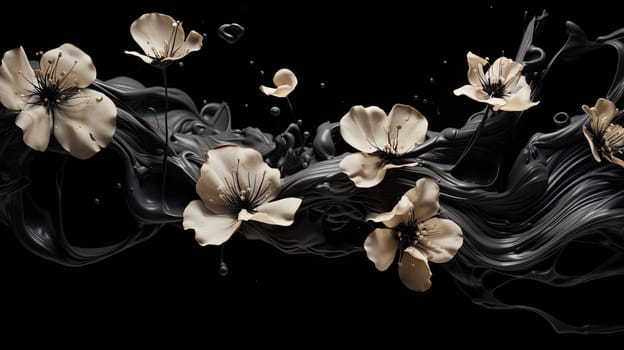 Black liquid waves and beige flowers abstract background. Generative AI design