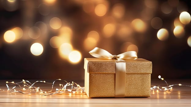 Golden gift box and garland on a blurry bokeh background. Generative AI design