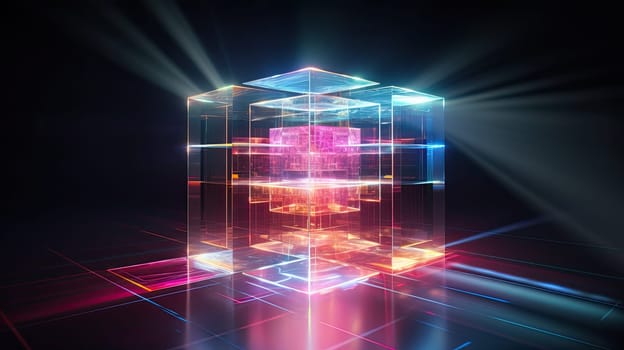 Hi-tech glass neon luminous cube abstract background. Generative AI design