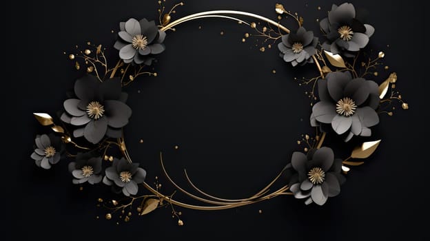 Black and golden flowers wreath abstract background. Generative AI design