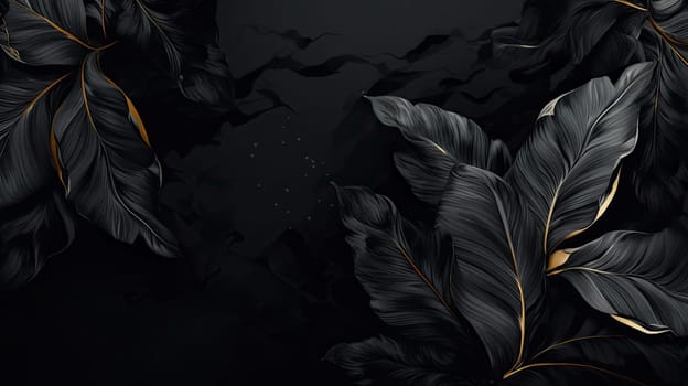 Golden and black leaves abstract background. Generative AI design