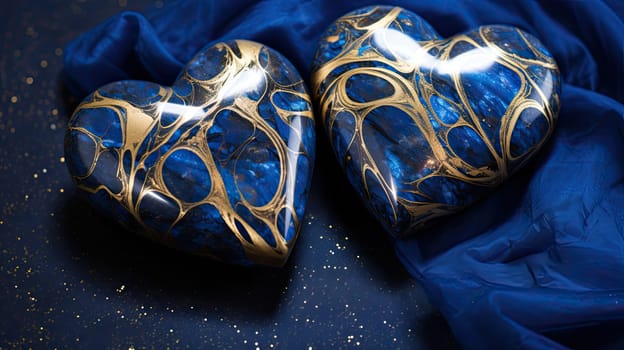 Abstract blue and golden hearts background. Valentines Day greeting card. Generative AI design