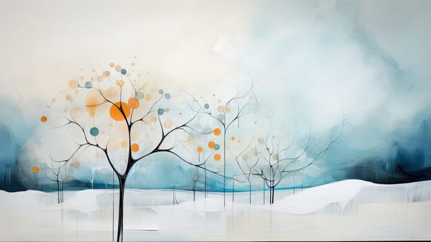 Abstract tree in winter watercolor landscape. Generative AI illustration