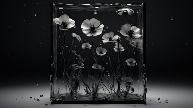 Monochrome flowers in liquid cube abstract minimal background. Generative AI design