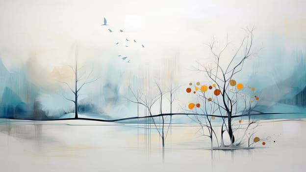 Abstract trees in winter overcast watercolor landscape. Generative AI illustration