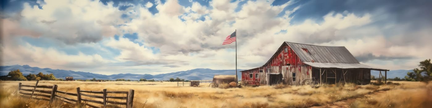 Rural landscape with barn and American flag. Generative AI design