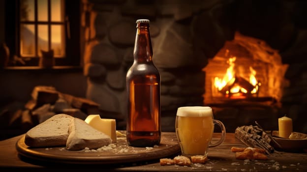 Bottle and mug of beer on background of burning fireplace. Generative AI design