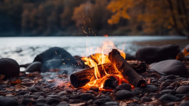 Bright bonfire in the forest on the lake shore. Generative AI image