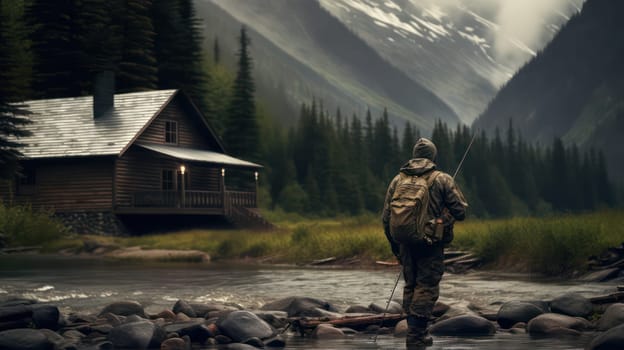 Fisherman near the river against the background of mountains and a hut. Generative AI image