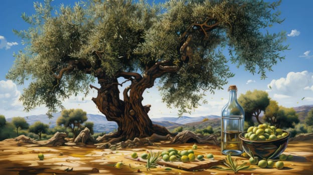 Olive oil in bottle on background of olive tree. Generative AI illustration