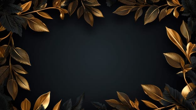 Golden leaves on black abstract background. Generative AI design