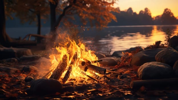 Bright bonfire in the forest on the lake shore. Generative AI image