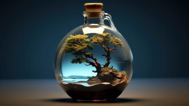 Bansai tree in glass jug. Generative AI image