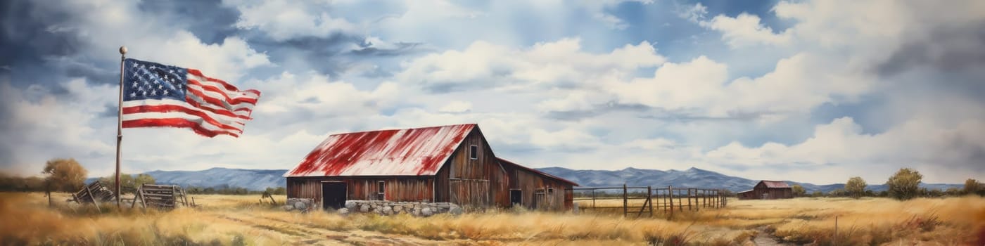 Rural landscape with barn and American flag. Generative AI design
