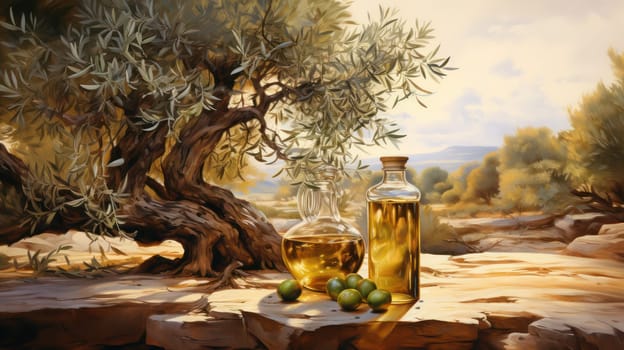 Olive oil in bottle and jug on background of olive tree. Generative AI illustration