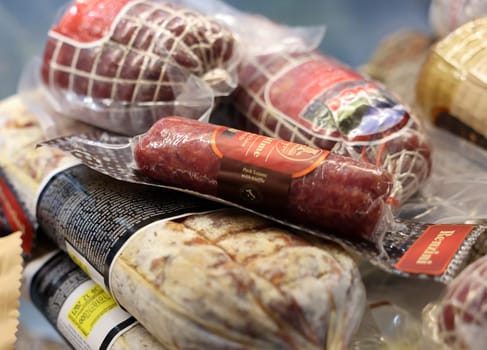 Cracow, Poland - November 3, 2021: Presentation of typical traditional Italian meat products at Enoexpo and Gastro Food - Trade Fair for Food and Drinks for Catering