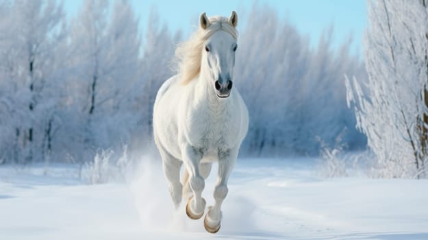 White horse running through snowdrifts in winter time.AI generated