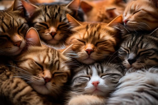 Happy cats sleeping together and squeezing each other and squinting. Cats is all piled together having a nap. AI generated